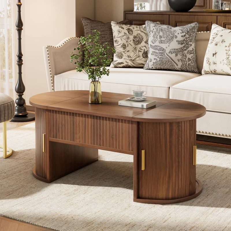 Table basse relevable ovale effet noyer portes coulissantes et étagères 100x50x40,5cm MODERNROOMHOME