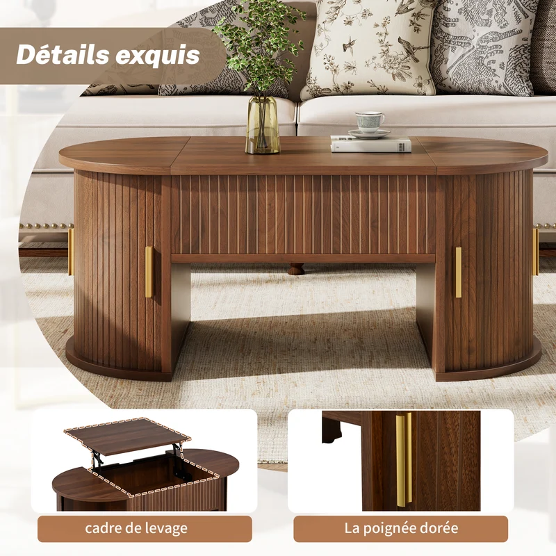 Table basse relevable ovale effet noyer portes coulissantes et étagères 100x50x40,5cm MODERNROOMHOME