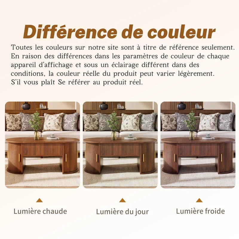Table basse relevable ovale effet noyer portes coulissantes et étagères 100x50x40,5cm MODERNROOMHOME