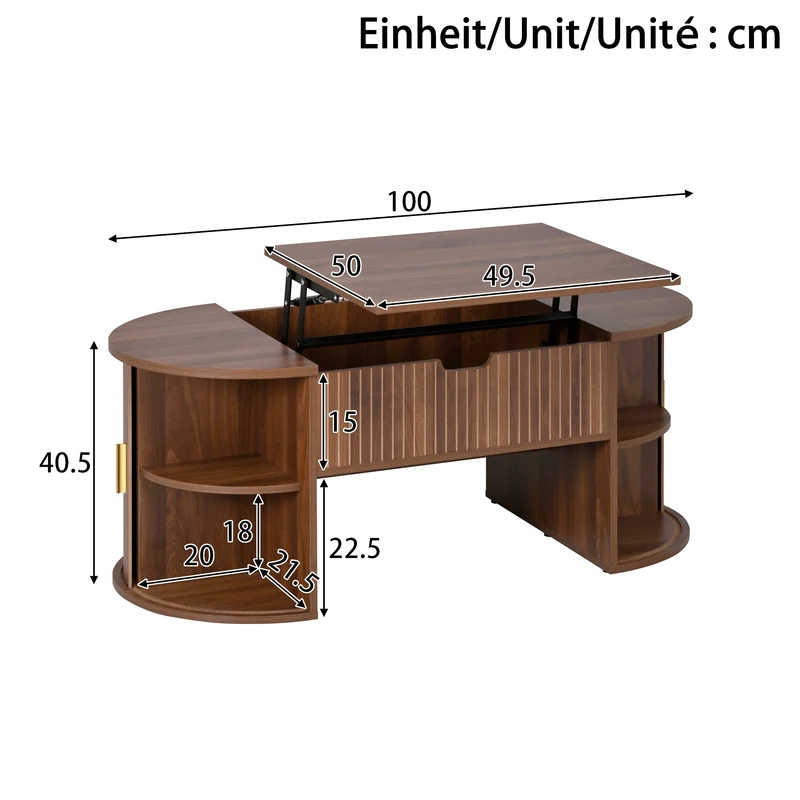 Table basse relevable ovale effet noyer portes coulissantes et étagères 100x50x40,5cm MODERNROOMHOME