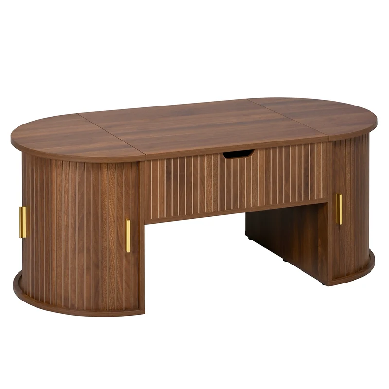 Table basse relevable ovale effet noyer portes coulissantes et étagères 100x50x40,5cm MODERNROOMHOME