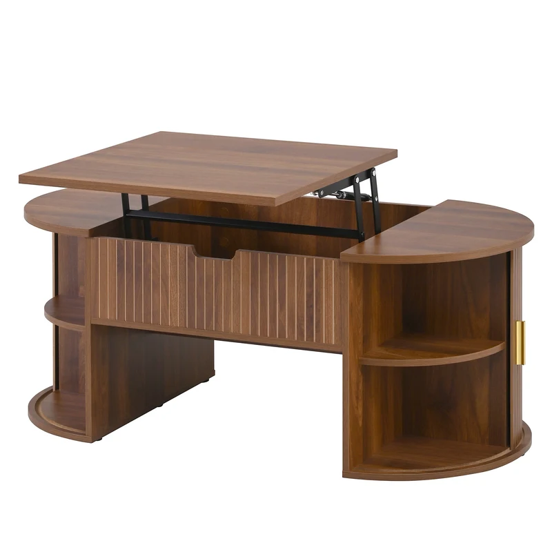 Table basse relevable ovale effet noyer portes coulissantes et étagères 100x50x40,5cm MODERNROOMHOME