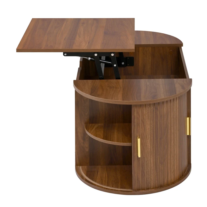 Table basse relevable ovale effet noyer portes coulissantes et étagères 100x50x40,5cm MODERNROOMHOME