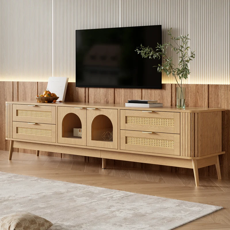 Meuble TV effet bois avec LED, 4 tiroirs en rotin et portes en verre courbé, pieds en bois massif MODERNCHROMELINE