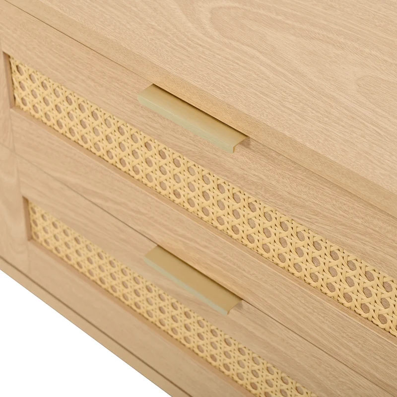 Meuble TV effet bois avec LED, 4 tiroirs en rotin et portes en verre courbé, pieds en bois massif MODERNCHROMELINE