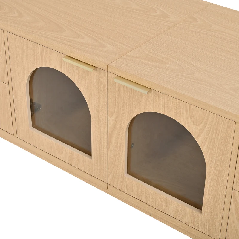 Meuble TV effet bois avec LED, 4 tiroirs en rotin et portes en verre courbé, pieds en bois massif MODERNCHROMELINE