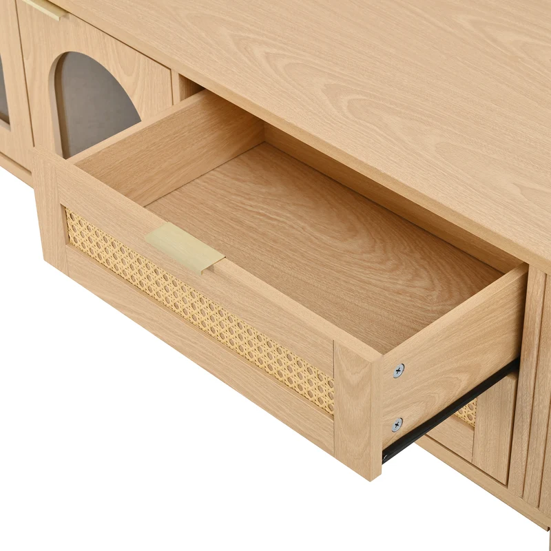 Meuble TV effet bois avec LED, 4 tiroirs en rotin et portes en verre courbé, pieds en bois massif MODERNCHROMELINE