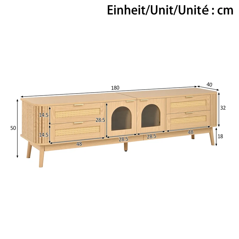 Meuble TV effet bois avec LED, 4 tiroirs en rotin et portes en verre courbé, pieds en bois massif MODERNCHROMELINE