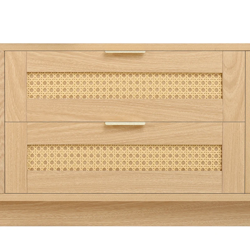 Meuble TV effet bois avec LED, 4 tiroirs en rotin et portes en verre courbé, pieds en bois massif MODERNCHROMELINE