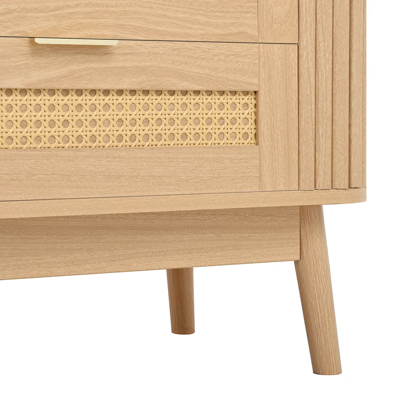 Meuble TV effet bois avec LED, 4 tiroirs en rotin et portes en verre courbé, pieds en bois massif MODERNCHROMELINE