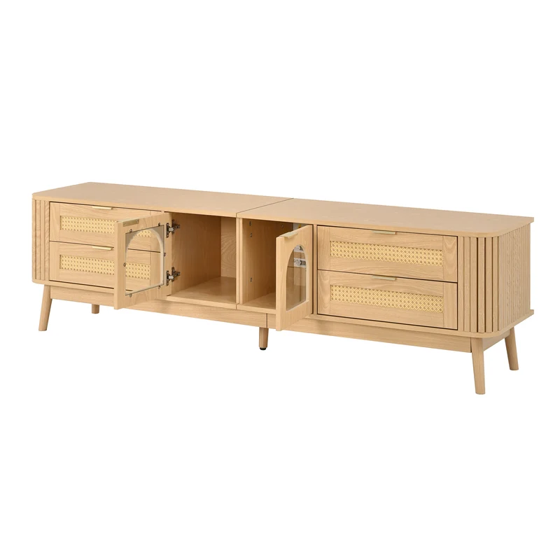 Meuble TV effet bois avec LED, 4 tiroirs en rotin et portes en verre courbé, pieds en bois massif MODERNCHROMELINE