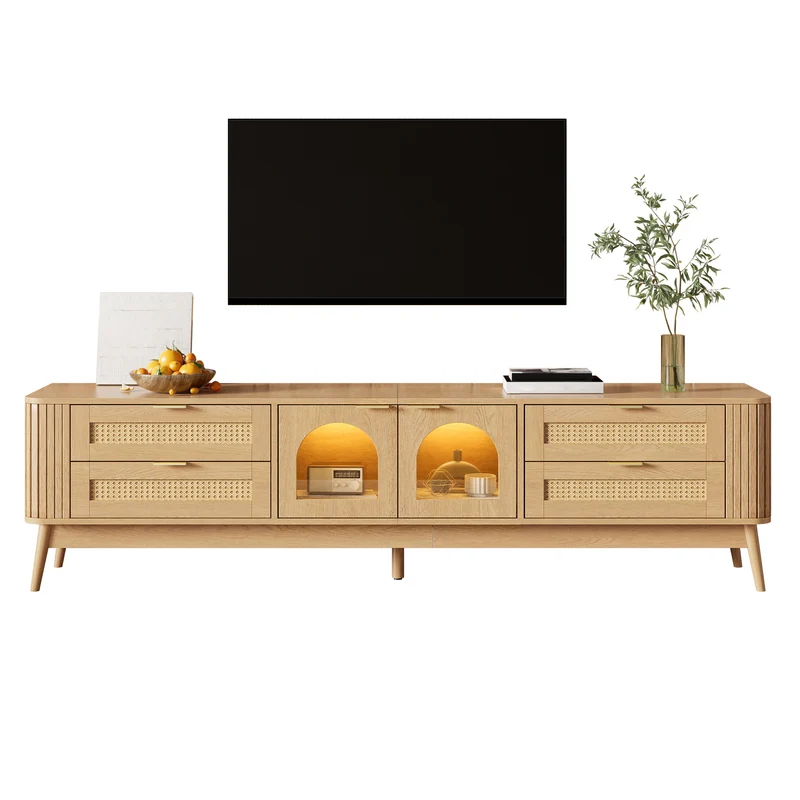Meuble TV effet bois avec LED, 4 tiroirs en rotin et portes en verre courbé, pieds en bois massif MODERNCHROMELINE