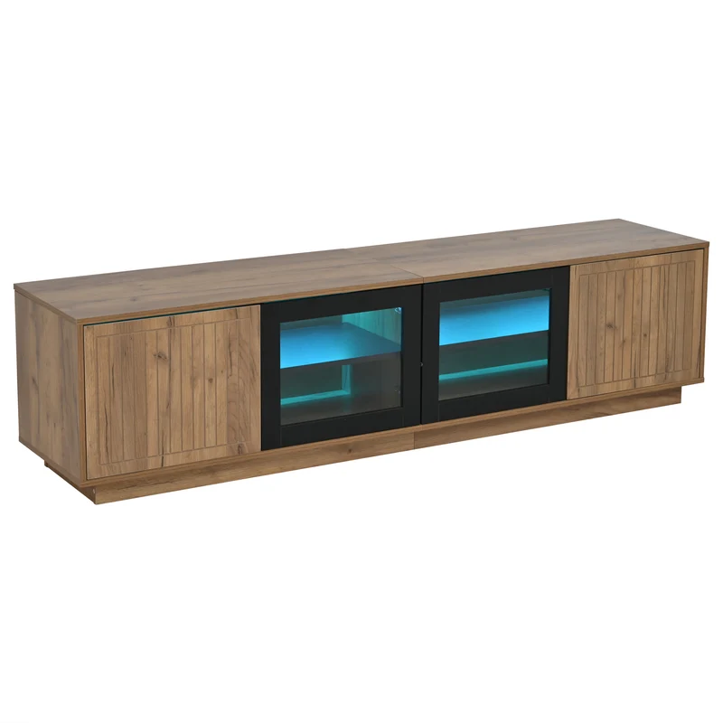 Meuble TV effet bois naturel & noir et vitrine avec LED 4 portes MODERNSTOOLHOME
