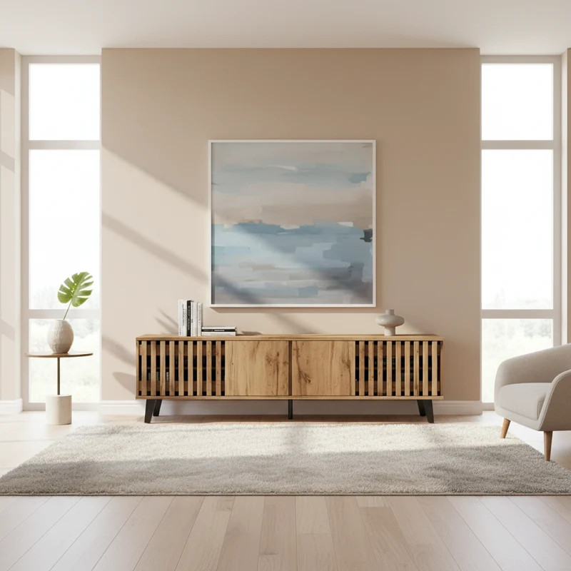 Meuble TV effet bois naturel design latté 4 portes 8 compartiments 180x40x55cm RIFTSYLTHYNOR
