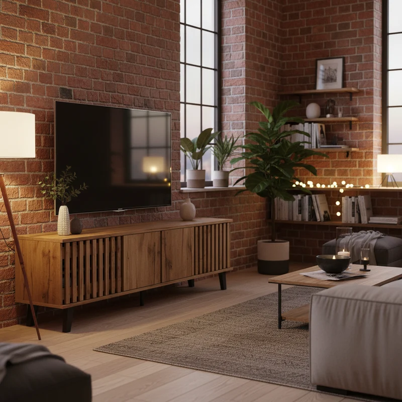 Meuble TV effet bois naturel design latté 4 portes 8 compartiments 180x40x55cm RIFTSYLTHYNOR