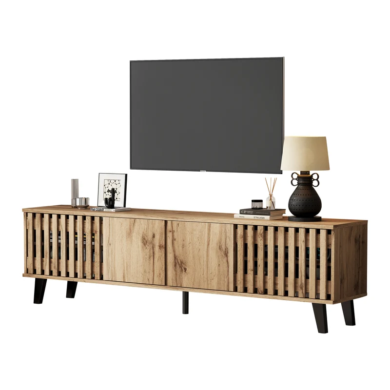 Meuble TV effet bois naturel design latté 4 portes 8 compartiments 180x40x55cm RIFTSYLTHYNOR