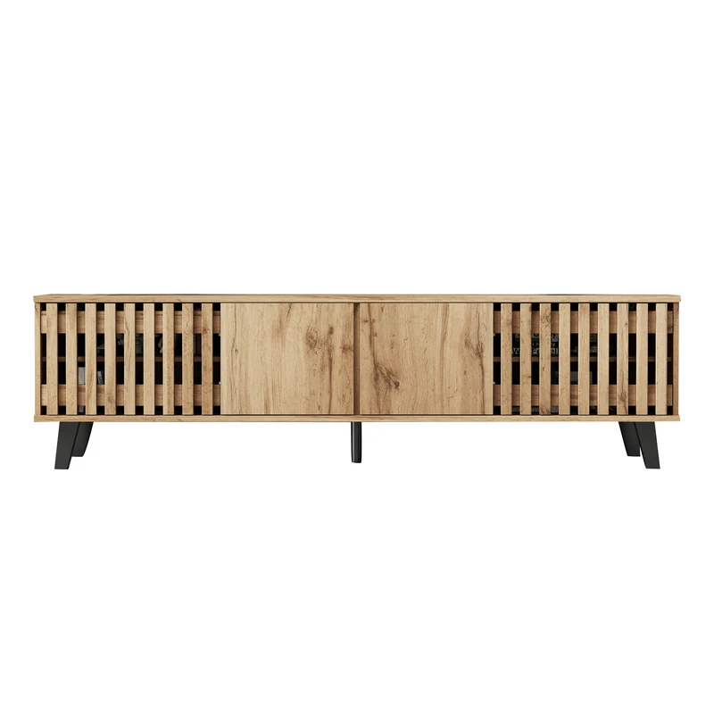 Meuble TV effet bois naturel design latté 4 portes 8 compartiments 180x40x55cm RIFTSYLTHYNOR