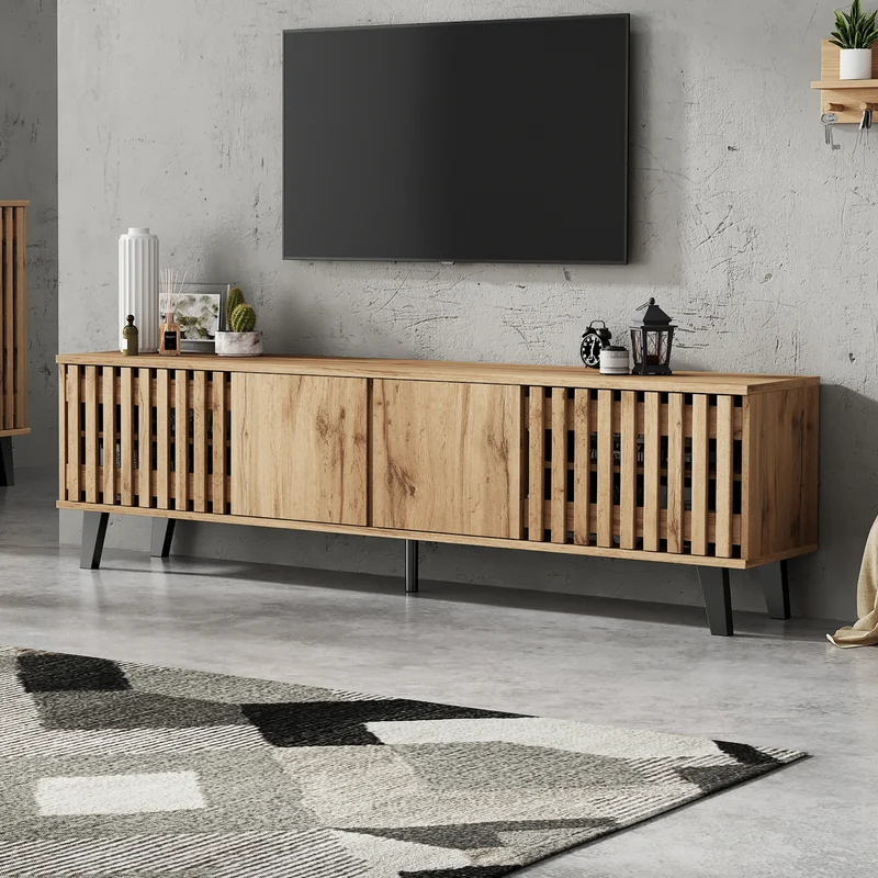 Meuble TV effet bois naturel design latté 4 portes 8 compartiments 180x40x55cm RIFTSYLTHYNOR