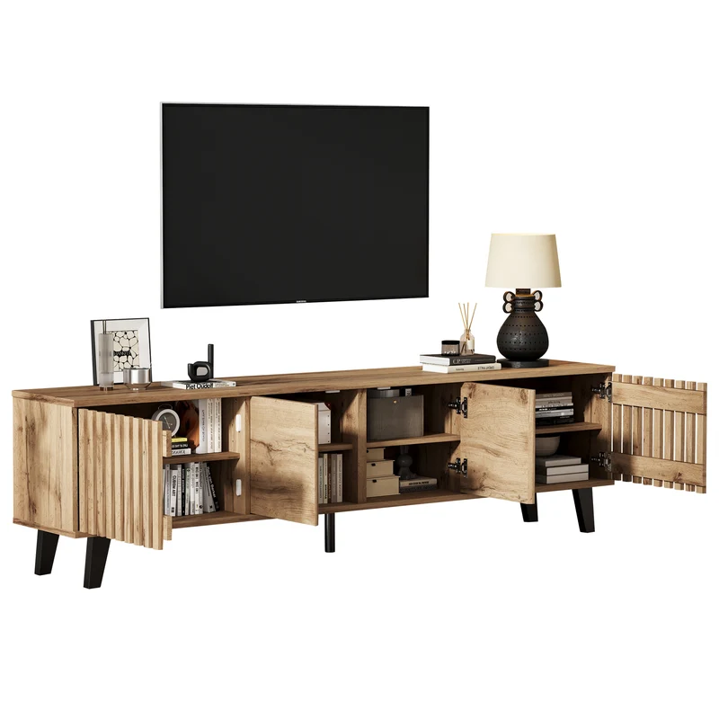 Meuble TV effet bois naturel design latté 4 portes 8 compartiments 180x40x55cm RIFTSYLTHYNOR
