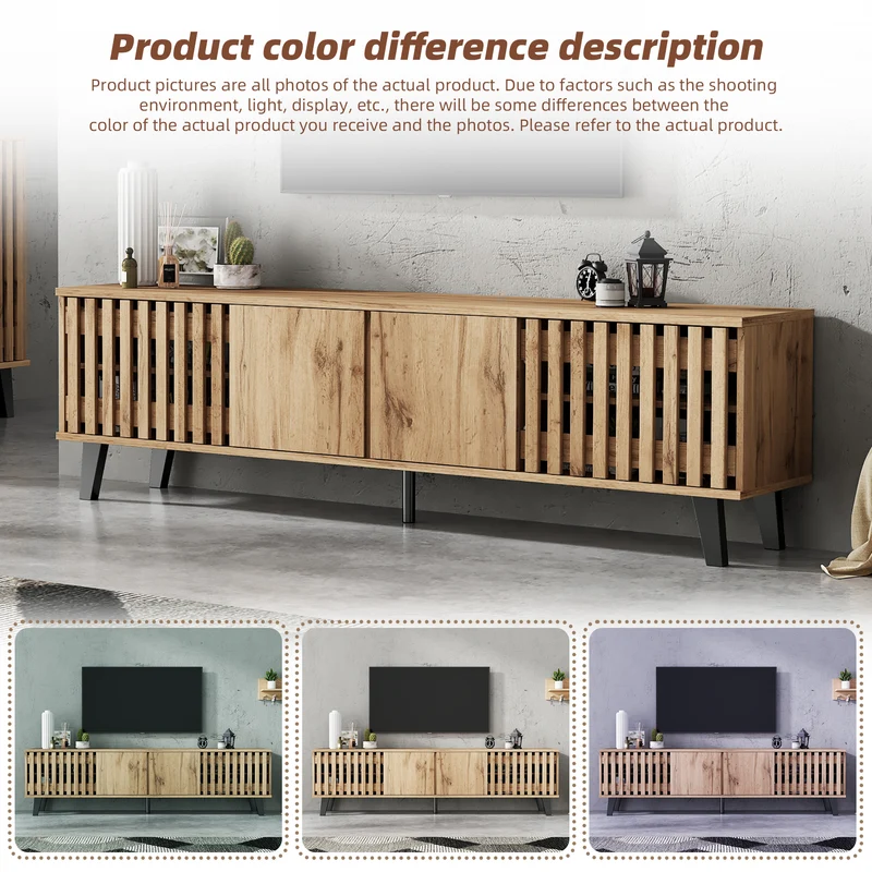 Meuble TV effet bois naturel design latté 4 portes 8 compartiments 180x40x55cm RIFTSYLTHYNOR