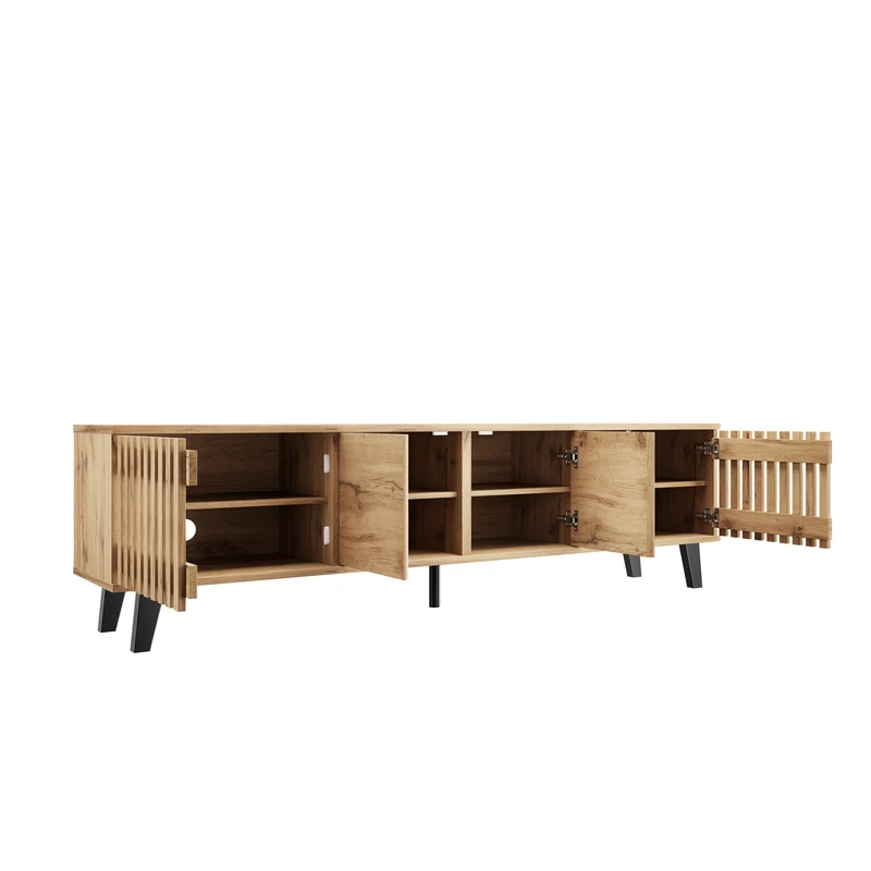 Meuble TV effet bois naturel design latté 4 portes 8 compartiments 180x40x55cm RIFTSYLTHYNOR
