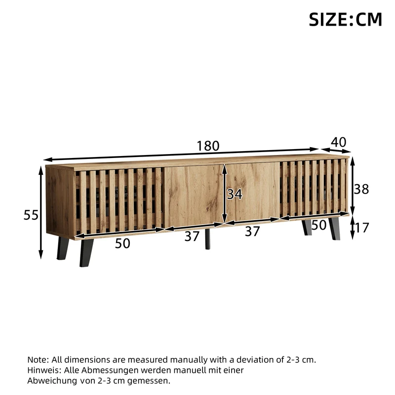 Meuble TV effet bois naturel design latté 4 portes 8 compartiments 180x40x55cm RIFTSYLTHYNOR