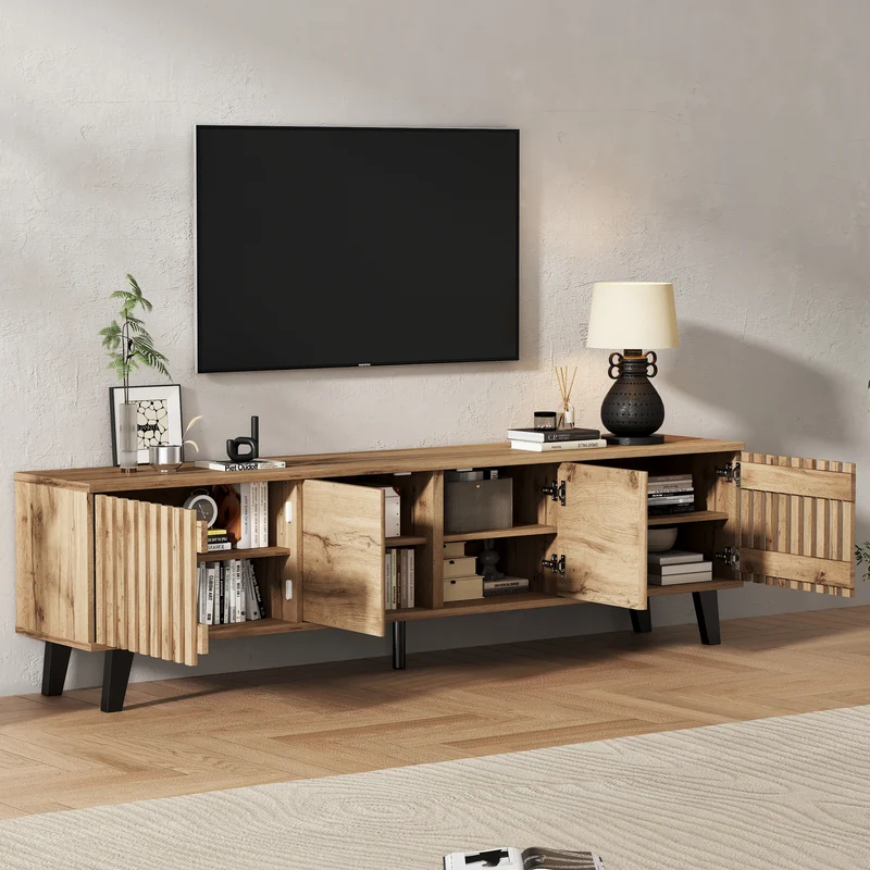 Meuble TV effet bois naturel design latté 4 portes 8 compartiments 180x40x55cm RIFTSYLTHYNOR