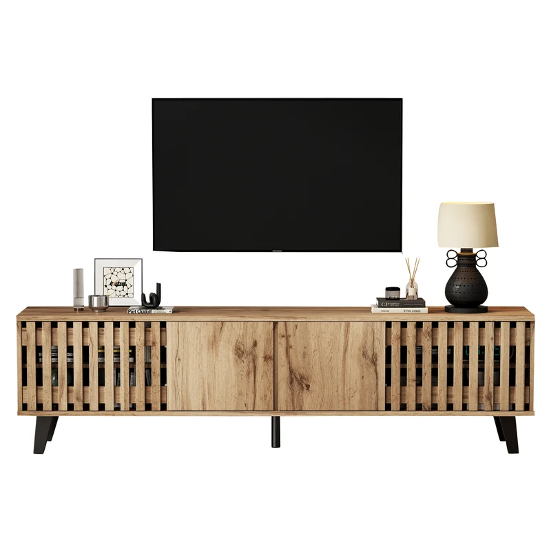 Meuble TV effet bois naturel design latté 4 portes 8 compartiments 180x40x55cm RIFTSYLTHYNOR