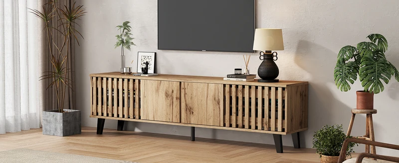 Meuble TV effet bois naturel design latté 4 portes 8 compartiments 180x40x55cm RIFTSYLTHYNOR