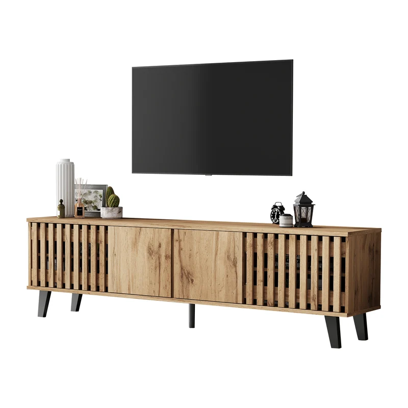 Meuble TV effet bois naturel design latté 4 portes 8 compartiments 180x40x55cm RIFTSYLTHYNOR
