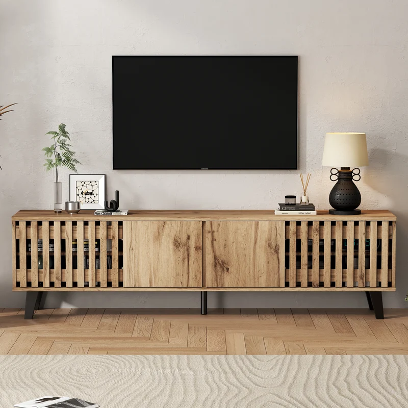 Meuble TV effet bois naturel design latté 4 portes 8 compartiments 180x40x55cm RIFTSYLTHYNOR