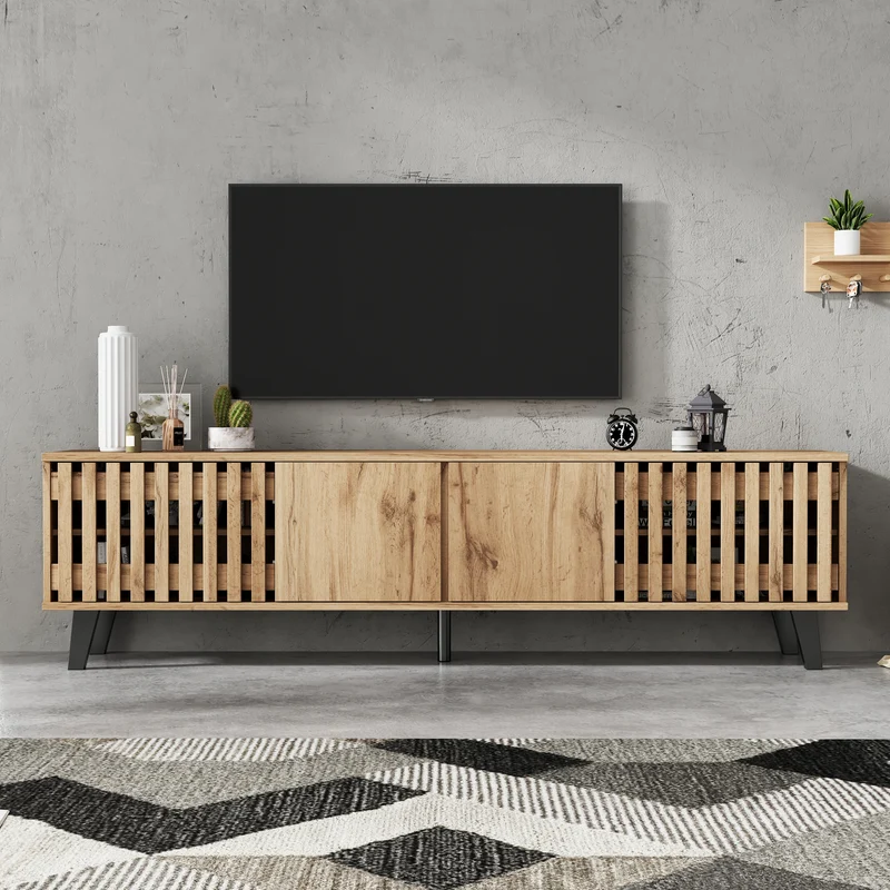 Meuble TV effet bois naturel design latté 4 portes 8 compartiments 180x40x55cm RIFTSYLTHYNOR