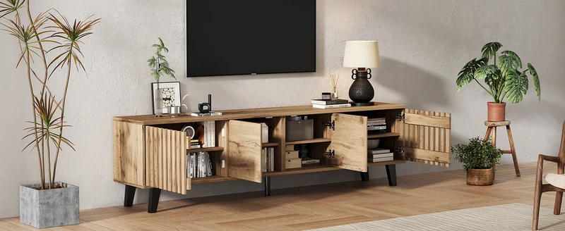 Meuble TV effet bois naturel design latté 4 portes 8 compartiments 180x40x55cm RIFTSYLTHYNOR