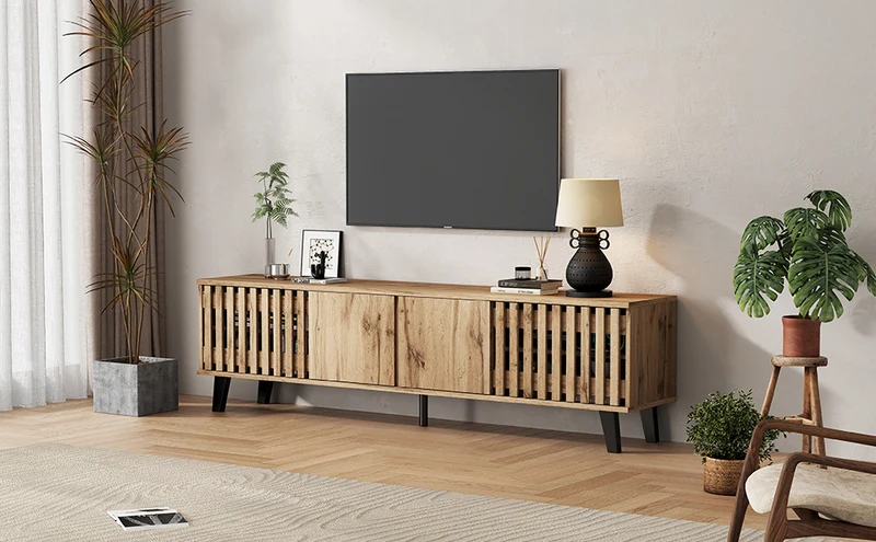 Meuble TV effet bois naturel design latté 4 portes 8 compartiments 180x40x55cm RIFTSYLTHYNOR