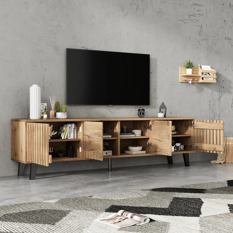 Meuble TV effet bois naturel design latté 4 portes 8 compartiments 180x40x55cm RIFTSYLTHYNOR