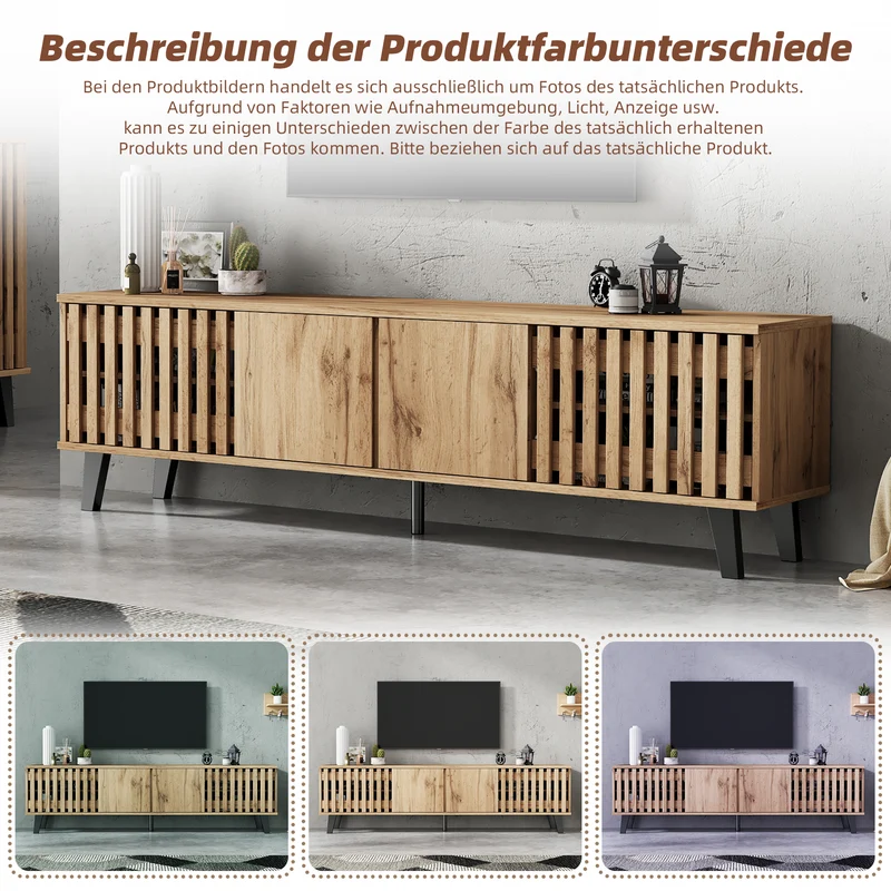 Meuble TV effet bois naturel design latté 4 portes 8 compartiments 180x40x55cm RIFTSYLTHYNOR
