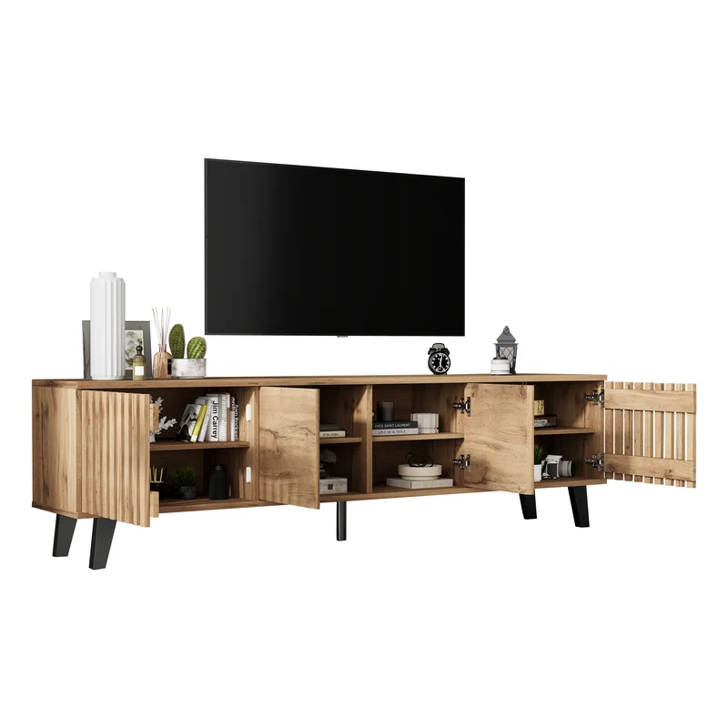 Meuble TV effet bois naturel design latté 4 portes 8 compartiments 180x40x55cm RIFTSYLTHYNOR