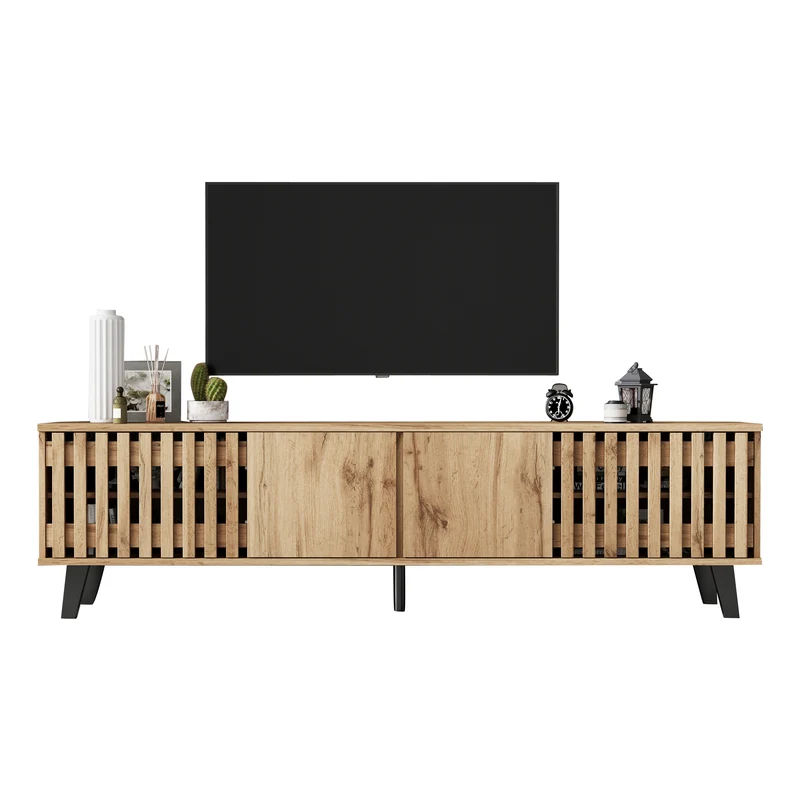 Meuble TV effet bois naturel design latté 4 portes 8 compartiments 180x40x55cm RIFTSYLTHYNOR