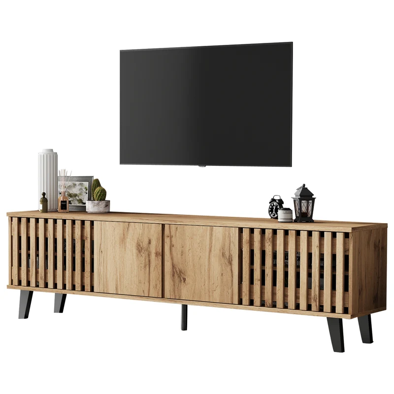 Meuble TV effet bois naturel design latté 4 portes 8 compartiments 180x40x55cm RIFTSYLTHYNOR