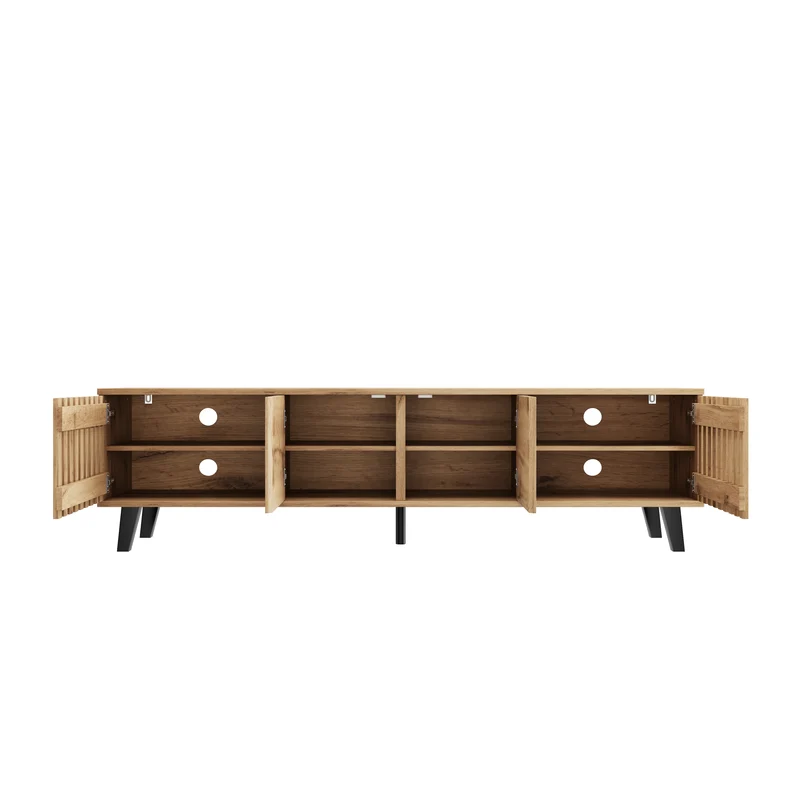 Meuble TV effet bois naturel design latté 4 portes 8 compartiments 180x40x55cm RIFTSYLTHYNOR