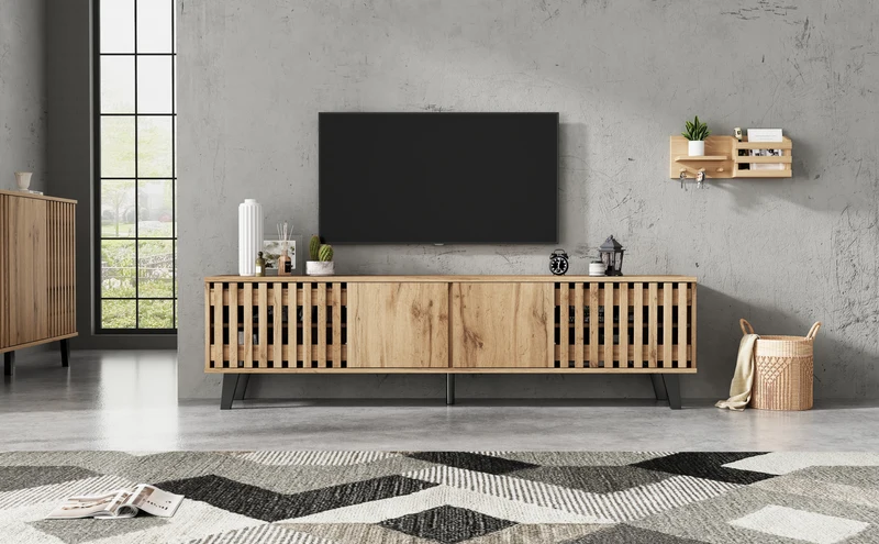 Meuble TV effet bois naturel design latté 4 portes 8 compartiments 180x40x55cm RIFTSYLTHYNOR