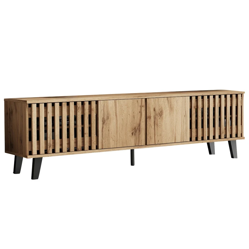 Meuble TV effet bois naturel design latté 4 portes 8 compartiments 180x40x55cm RIFTSYLTHYNOR