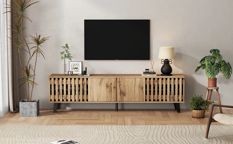 Meuble TV effet bois naturel design latté 4 portes 8 compartiments 180x40x55cm RIFTSYLTHYNOR