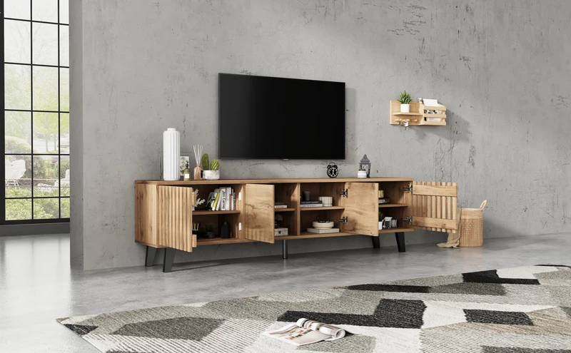 Meuble TV effet bois naturel design latté 4 portes 8 compartiments 180x40x55cm RIFTSYLTHYNOR