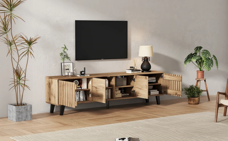 Meuble TV effet bois naturel design latté 4 portes 8 compartiments 180x40x55cm RIFTSYLTHYNOR