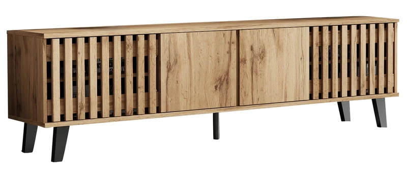 Meuble TV effet bois naturel design latté 4 portes 8 compartiments 180x40x55cm RIFTSYLTHYNOR