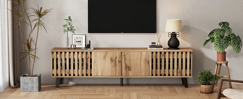 Meuble TV effet bois naturel design latté 4 portes 8 compartiments 180x40x55cm RIFTSYLTHYNOR