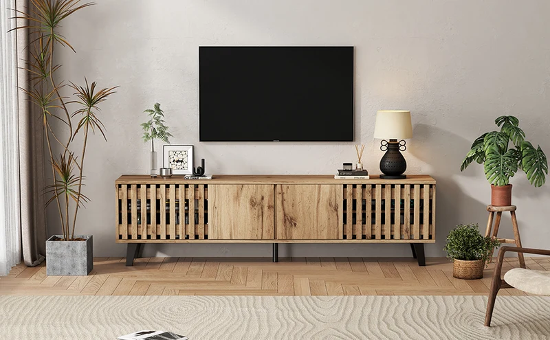 Meuble TV effet bois naturel design latté 4 portes 8 compartiments 180x40x55cm RIFTSYLTHYNOR