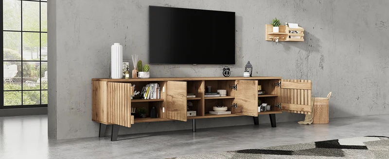 Meuble TV effet bois naturel design latté 4 portes 8 compartiments 180x40x55cm RIFTSYLTHYNOR