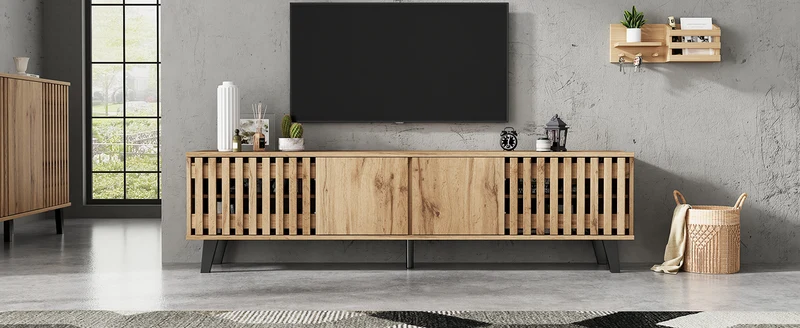 Meuble TV effet bois naturel design latté 4 portes 8 compartiments 180x40x55cm RIFTSYLTHYNOR